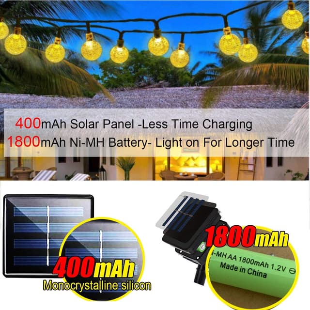 Detalle de IIHome 90 LED 50 ft solar powered garden string lights (warm white) — IP65 waterproof crystal ball style