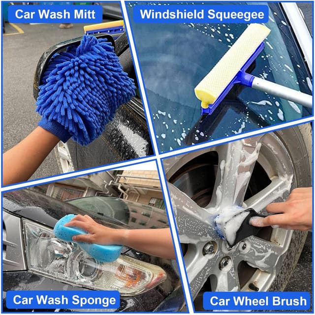 Detalle 2 de 21Pcs Car Wash Kit with 62" Car Wash Brush Mop, Bucket Filter, Squeegee & Detailing Brushes (Blue)