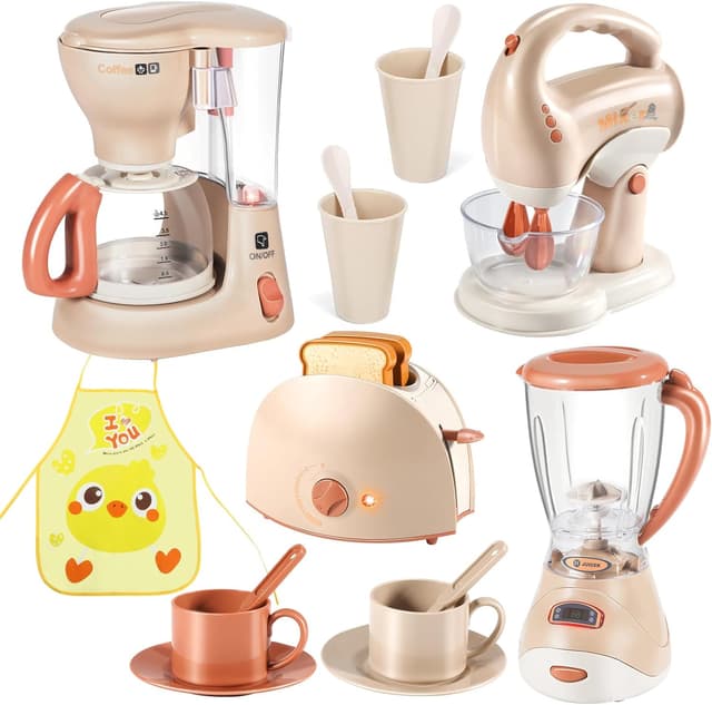 Detalle de LOVE LIFE Spielzeug-Kinderküche Zubehör-Set ab 3 Jahren mit Kinder-Kaffeemaschine, Mixer, Toaster & Kinderschürze