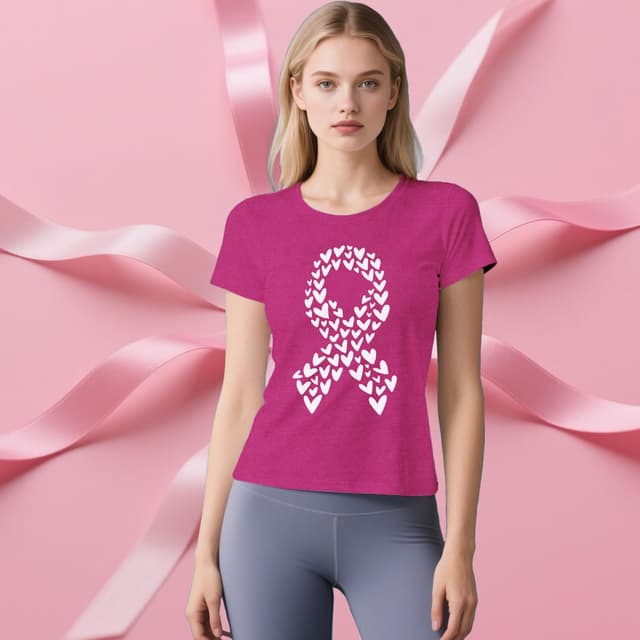 Detalle de Qskall breast cancer awareness T-shirt for women with pink ribbon & heart detail (S–XXL)