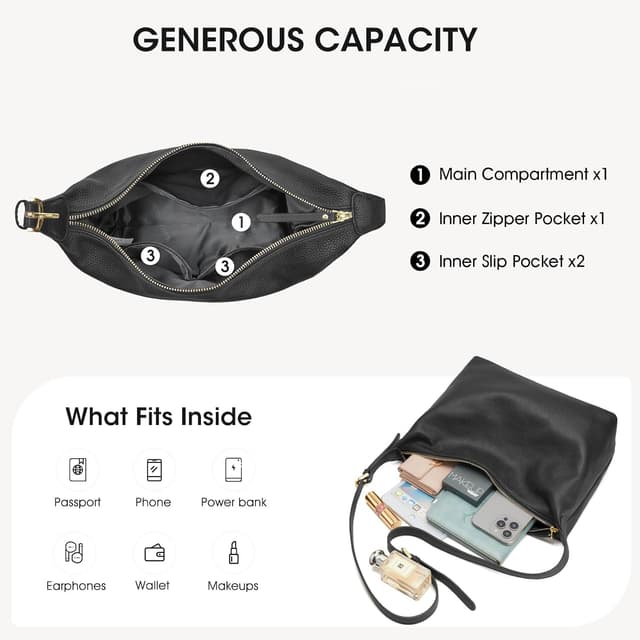 Detalle de Kattee genuine leather hobo bag for women with adjustable removable strap