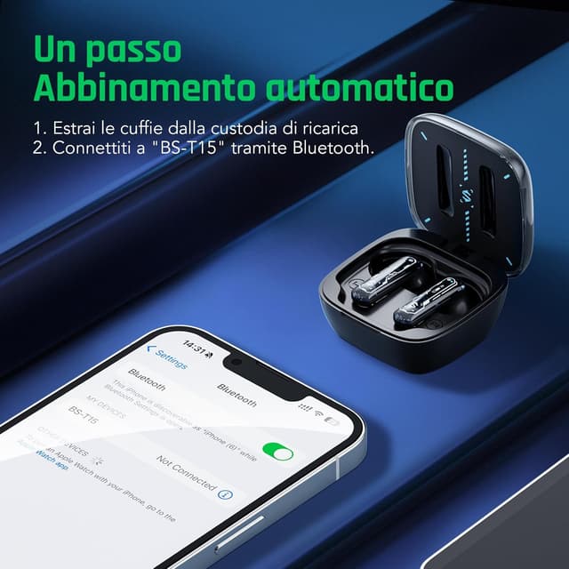 Detalle de Black Shark T15 True Wireless da gioco e musica con Bluetooth 5.3, fino a 30 ore e modalità Gaming/Music