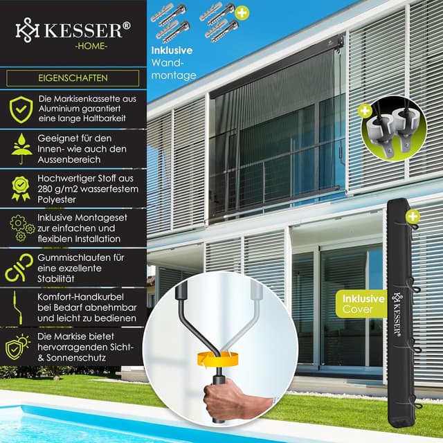 Detalle de KESSER® Senkrechtmarkise 160x250 cm mit Handkurbel – Außenrollo für Balkon & Terrasse inkl. Montageset
