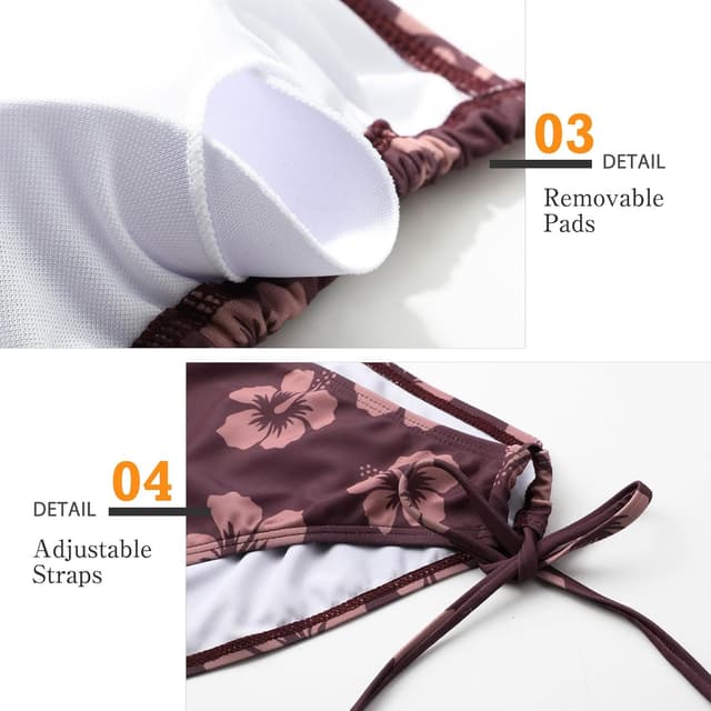 Detalle 2 de Damen Bikini-Set mit tiefem V-Ausschnitt & Triangel-Top (Low Waist, Blumendruck) – zweiteiliges Sommer-Badeoutfit