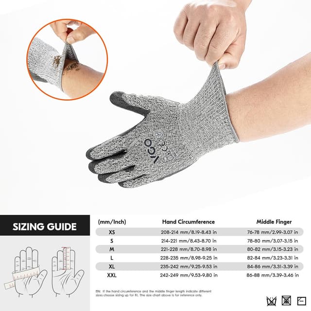 Detalle de Vgo Cut Resistant Gloves (2 Pairs) with HPPE anti-cut liner, EN388 Level C / ANSI Level 3 — Size XL, Grey (SK2131)