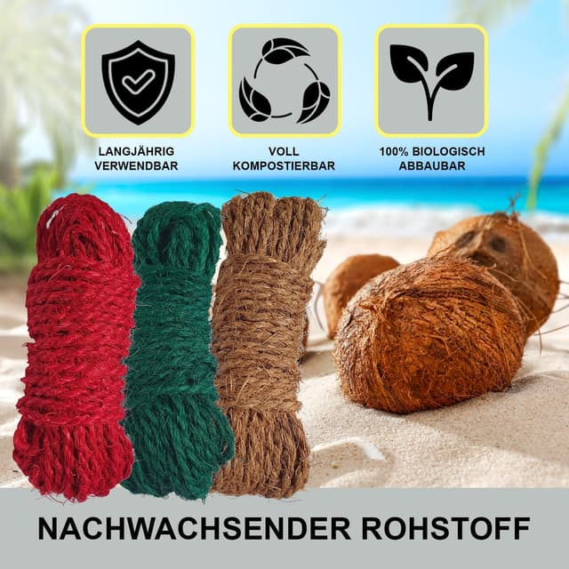 Detalle 2 de deli4you Kokosseil bunt (Dekoband/Dekoschnur) – 3 x 15 m in Rot, Grün und Braun