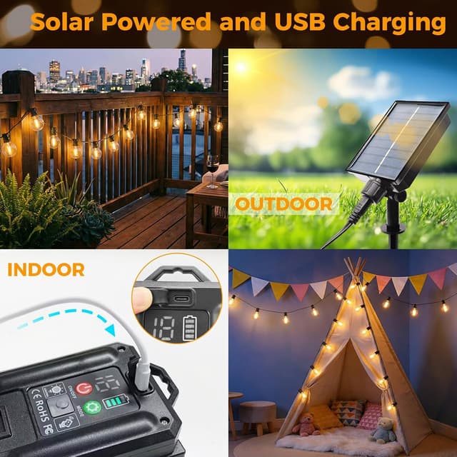 Detalle de btfarm Solar Lichterkette außen mit Fernbedienung (8 m, 10+1 LEDs, G40, warmweiß, 8 Modi)