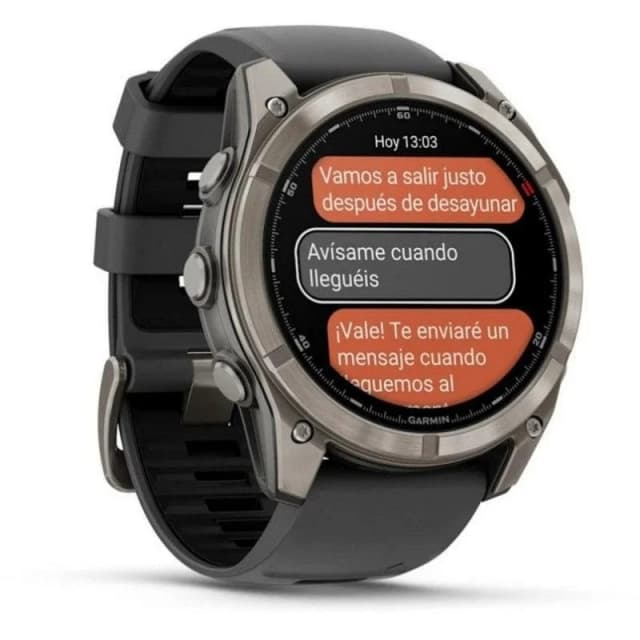 Detalle 2 de Garmin Fenix 8 Pro LTE/NTN satelital 51 mm AMOLED de titanio con correa de silicona negra/gris