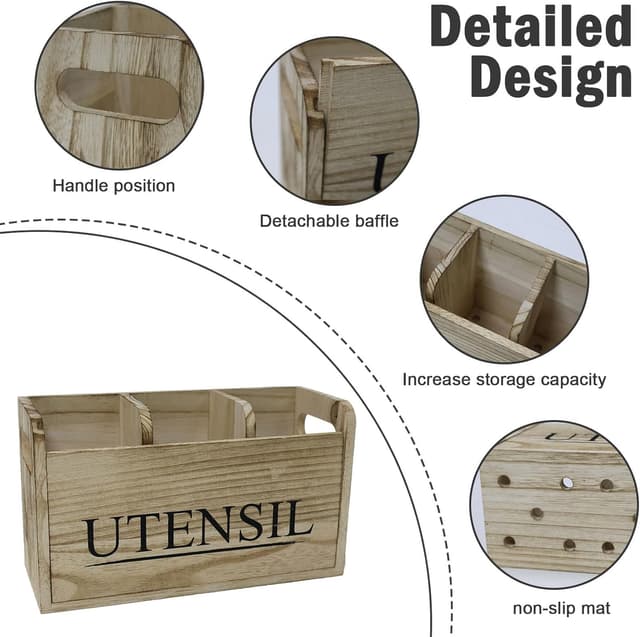 Detalle de Gzsekken Rustic Kitchen Utensil Holder (Large, 3 Compartments) with Drainage Bottom, Brown