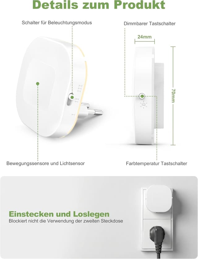 Detalle de NIORSUN Nachtlicht-Steckdose mit Bewegungs- und Dämmerungssensor (2er-Set, 1800K–5000K) dimmbar