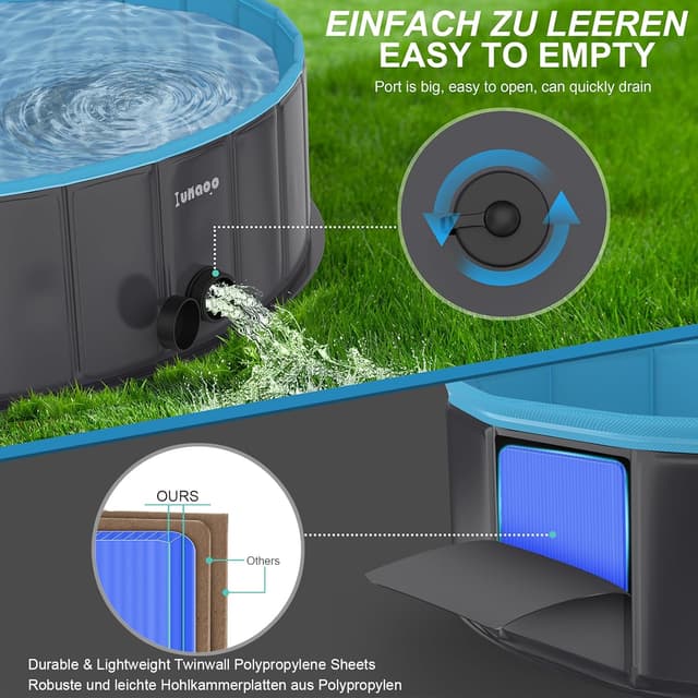 Detalle de lunaoo Hundepool für große Hunde, faltbares PVC-Schwimmbecken 120 x 30 cm (hellblau)