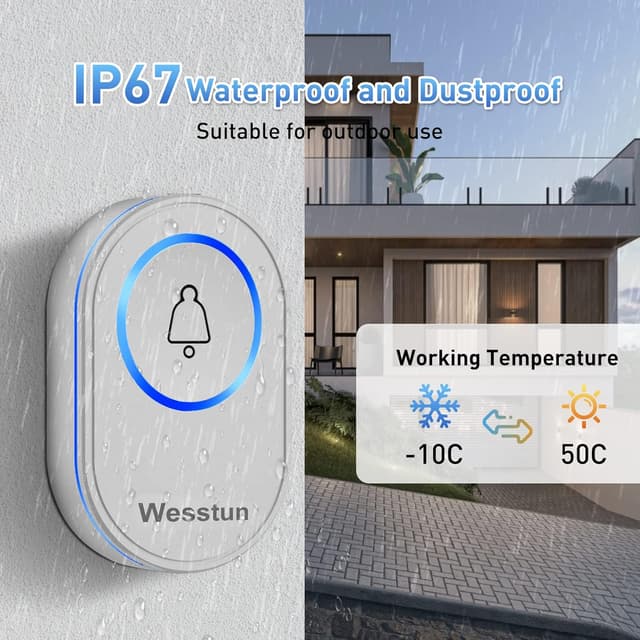 Detalle de Wesstun Wireless Doorbell (Waterproof) with 39 chimes and 5-volume levels, White