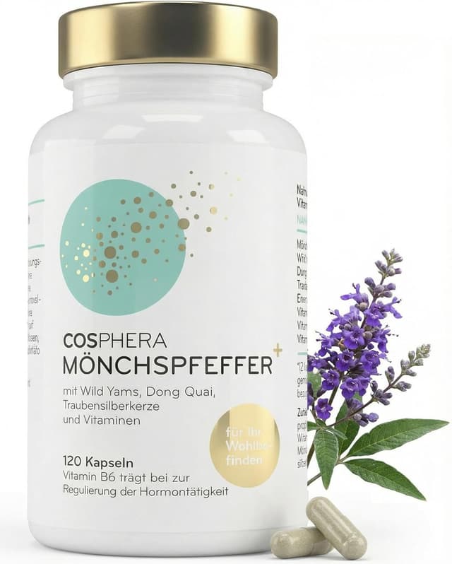 Detalle de Mönchspfeffer Kapseln hochdosiert (120 Kapseln) – 100 mg Tagesdosis, vegan & mit Vitamin C/B6/B12, Eisen und Pflanzenextrakten