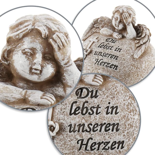 Detalle 2 de com-four® decorazione tombale a cuore con angelo e iscrizione commemorativa “Angelo Tu vivi nei nostri cuori” (1 pezzo)