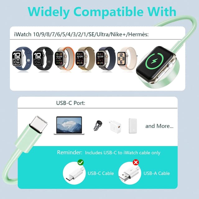 Detalle de Upgraded 2 Pack USB-C Magnetic Apple Watch Charger Cable (MFi Certified) – 1m, Green