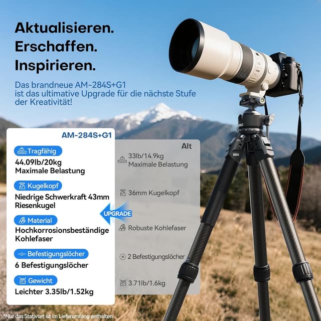 Thumbnail 1 de SIRUI AM-284S+G1 Carbon-Stativ mit 43-mm-Flachkugelkopf, bis 128 cm Höhe und 20 kg Traglast