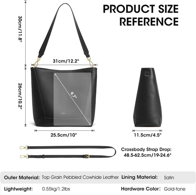 Detalle de Kattee Top Grain Leather Bucket Bag with Adjustable Crossbody Strap (Medium Hobo Shoulder Purse)