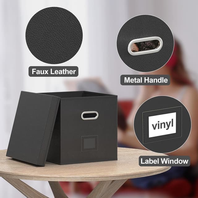 Detalle de Aolawco 2-pack 12-inch leather vinyl record storage boxes (with lid & handles) – holds 100+ singles