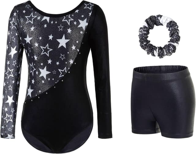 Detalle de Girls’ three-piece gymnastics leotard set with sparkling gradient design