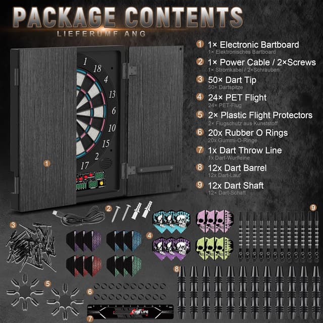 Thumbnail 6 de CyeeLife Elektronische Dartscheibe mit Holzschrank, LED-Display, 34 Spielen & 355 Varianten (Deutsche Stimme)