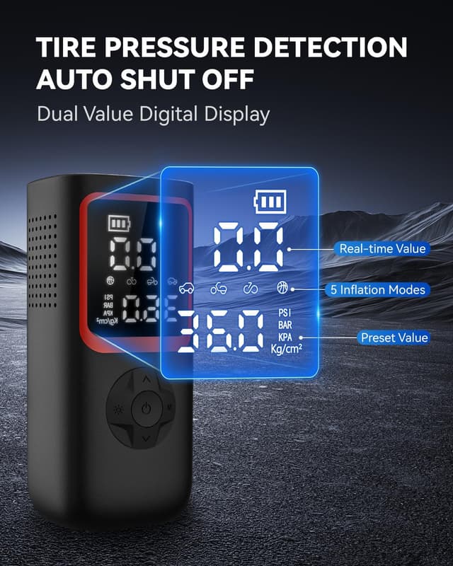 Detalle de Portable Tire Inflator Air Compressor (150PSI) with Dual Display, LED Light & USB Output