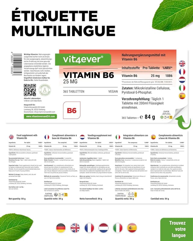 Detalle 2 de vit4ever Vitamine B6 P-5-P (Pyridoxal-5-Phosphate) 25 mg – 365 comprimés, vegan