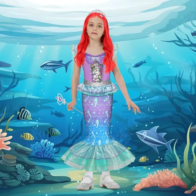 Detalle de AYBUY Vestito Principessa Sirena con parrucca e 3 accessori per cosplay, Halloween e Natale