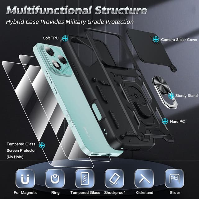 Detalle de LeYi for Honor 400 Lite 5G rugged phone case with sliding camera cover, ring stand & 2 tempered glass protectors (Black)