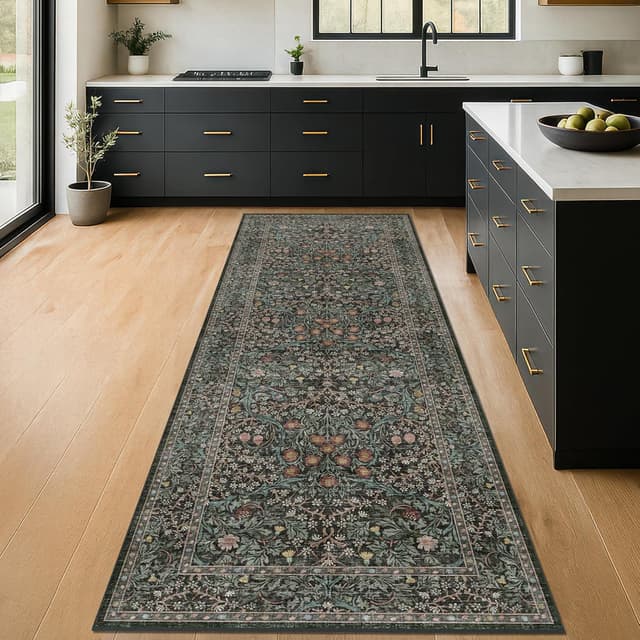 Detalle de Hazo Haus Non Slip 2x6 Kitchen Runner Rug (Washable, Rubber Back) – Boho Vintage Floral Botanical, Dark Green
