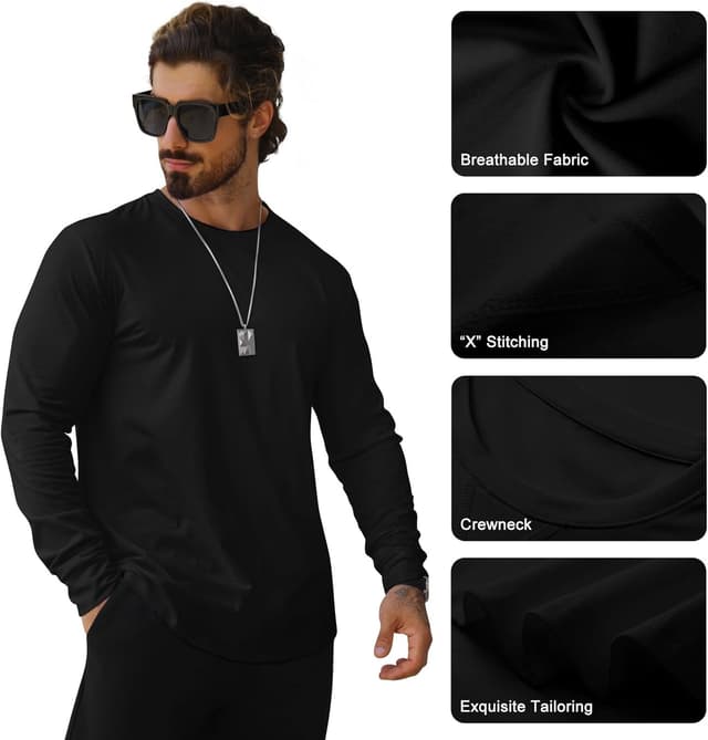 Detalle 2 de Mancozy Men’s Longline Crewneck Long-Sleeve T-Shirts (3-Pack) for Casual Hip-Hop & Hipster Style