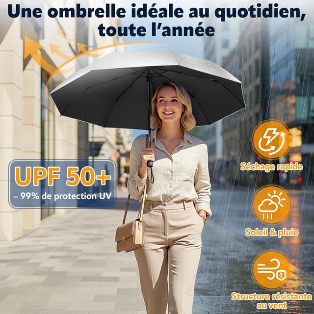 Detalle 2 de ZOMAKE Soleil Parapluie Automatique Pliant UPF 50+ anti-UV, compact anti-tempête (412 g)