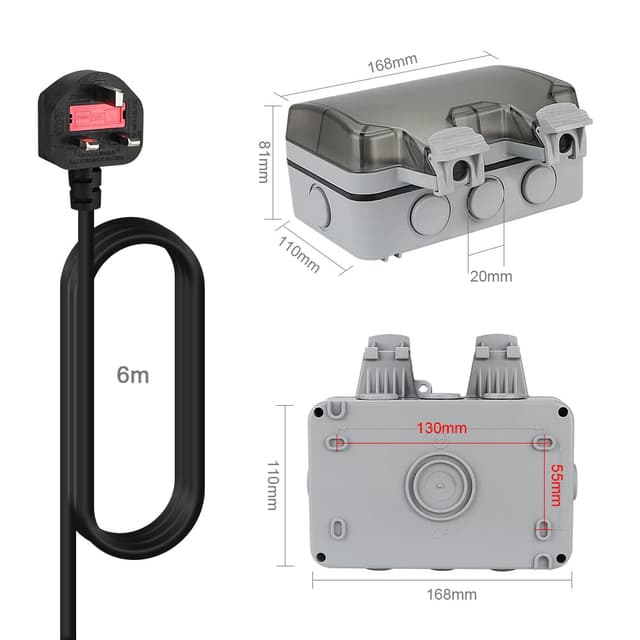 Detalle 2 de Anesty Outdoor Socket with 6m Extension Lead – Outdoor Double Plug Socket, Waterproof IP66 (2 Gang Storm Switched)