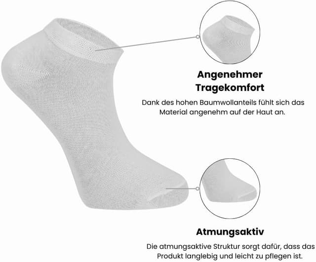Detalle de Sneaker Socken Herren & Damen – Premium 10 Paar Sneaker-Socken aus Baumwolle (kurz), Schwarz/Weiß/Grau