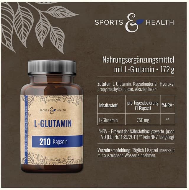 Detalle 2 de L-Glutamin Kapseln (210 Kapseln) mit 750 mg pro Tagesdosis – vegan
