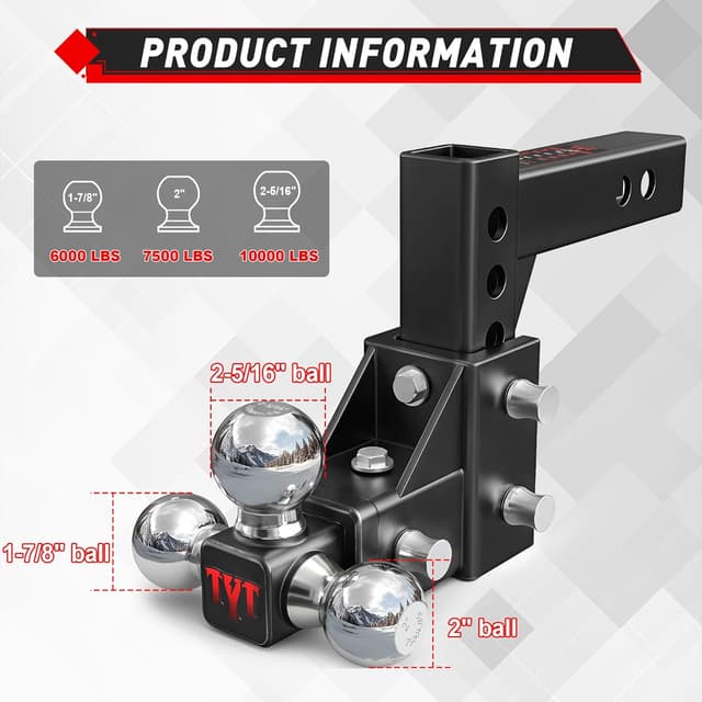 Thumbnail 1 de TYT Adjustable Tri-Ball Trailer Hitch 2 in Receiver 10000/1000