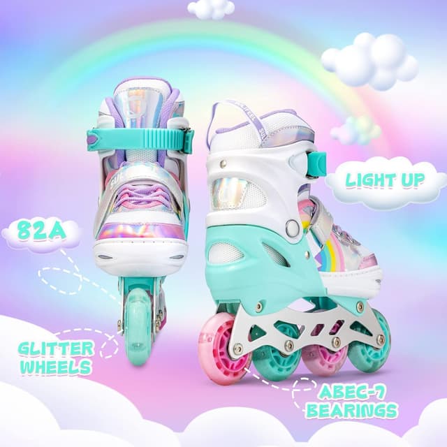 Detalle 2 de SULIFEEL Rainbow Unicorn Adjustable Inline Skates for Kids (4 Sizes) with Light-Up Wheels