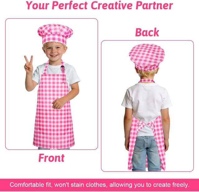 Detalle de DiULi grembiule per bambini regolabile con cappello da cuoco a quadri rosa