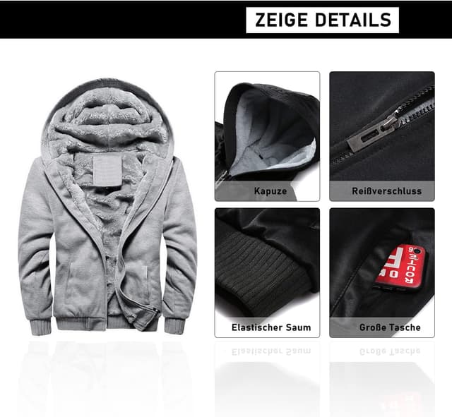 Detalle de MANLUODANNI Herren-Kapuzenpullover mit Reißverschluss – dicker Fleece-Hoodie für Winter & Alltag