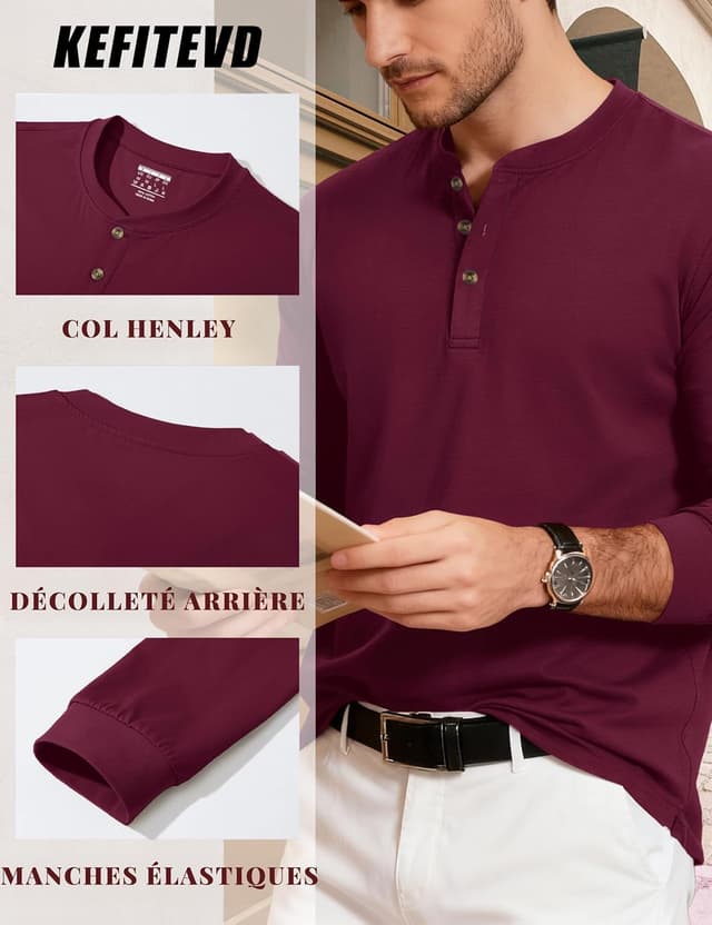 Detalle de T-shirt homme à manches longues Henley en coton à 3 boutons KEFITEVD
