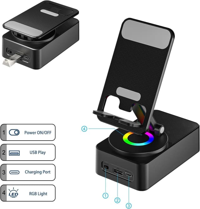 Detalle de voijump 4-in-1 Cell Phone Stand with Wireless Bluetooth Speaker and LED Lights