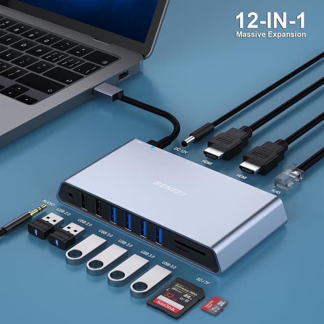 Detalle de BENFEI Station d’accueil USB 3.0 12 en 1 avec double écran HDMI, 6 ports USB, lecteur SD/TF et Ethernet Gigabit