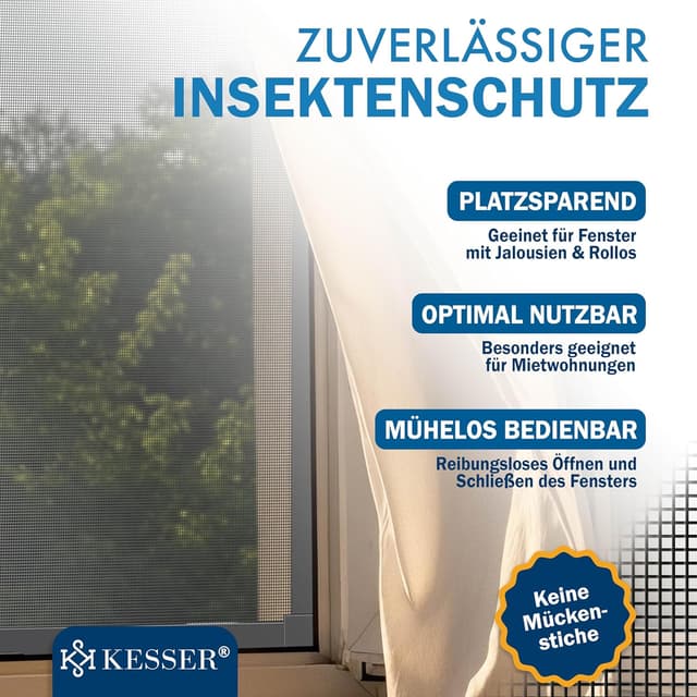Detalle de KESSER® Fliegengitter Fenster 100x120 cm mit Aluminiumrahmen (ohne Bohren) – Anthrazit