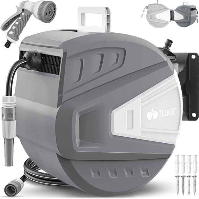 Detalle de tillvex Schlauchtrommel mit Wandhalterung, 180° schwenkbar, Handbrause & 30 m Schlauch (Grau)