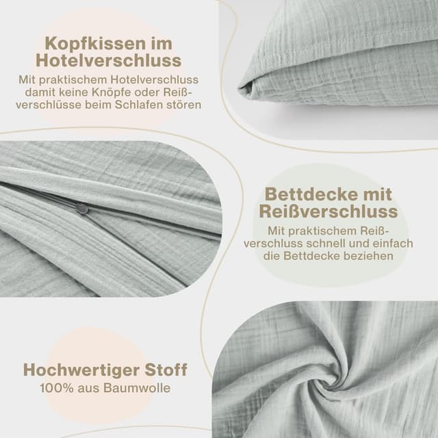 Detalle de Blumtal Musselin Bettwäsche 155x220 cm + 80x80 cm (Oeko-TEX) aus 100% Baumwolle – waschbar bei 40 °C