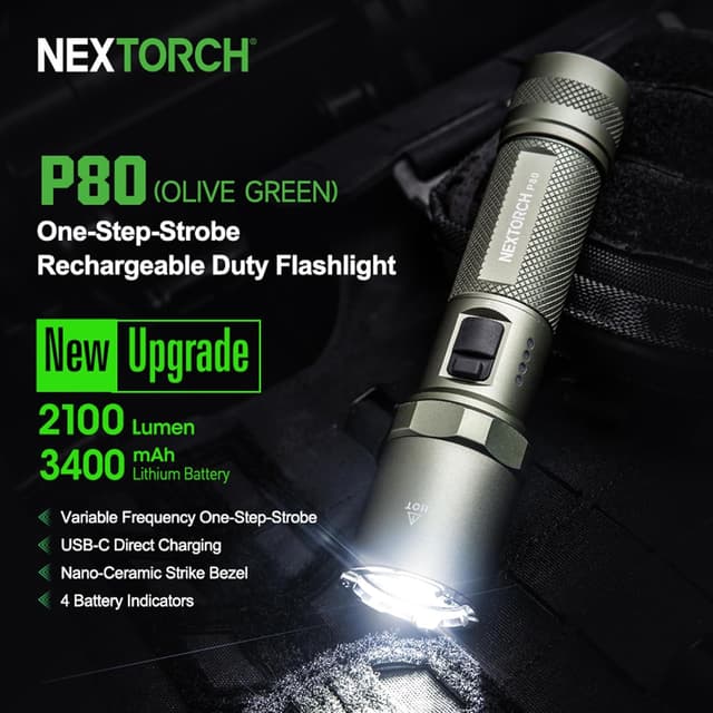 Detalle 2 de Nextorch P80B rechargeable flashlight (Olive Green) — up to 2,100 lumens, 5 modes & strobe