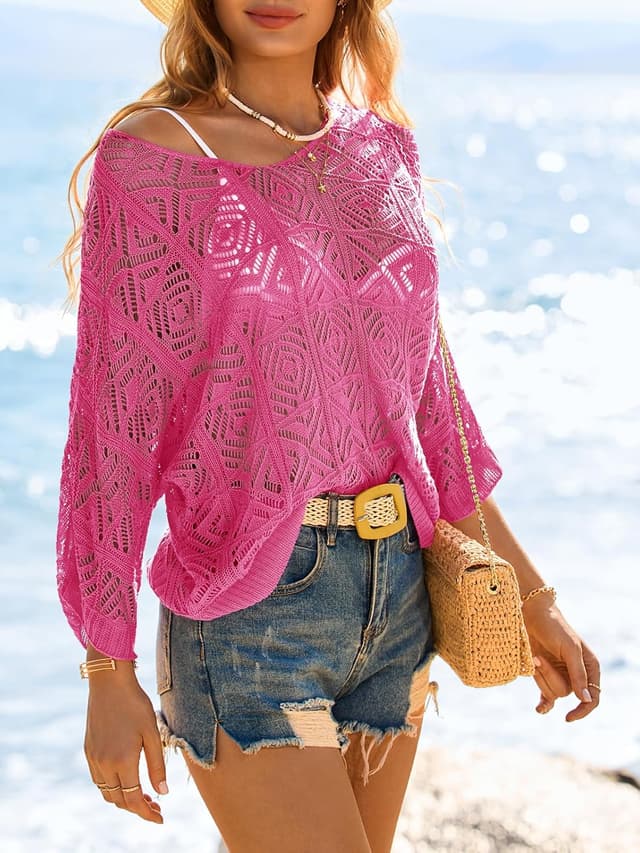 Detalle de Saodimallsu Women’s Crochet Cover Up Top (Off-Shoulder Mesh, 3/4 Sleeve)