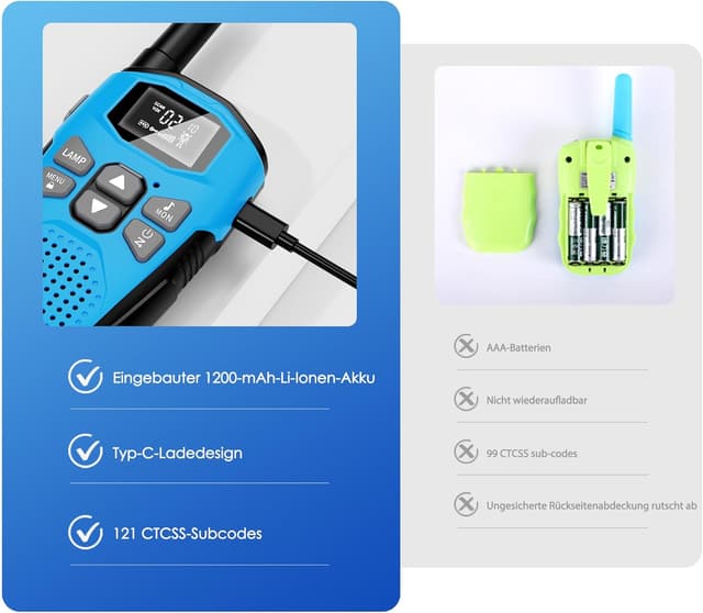 Thumbnail 6 de NXGKET Walkie-Talkie 3er-Set mit LED-Taschenlampe, 16 Kanälen und bis zu 5 km Reichweite (aufladbar)