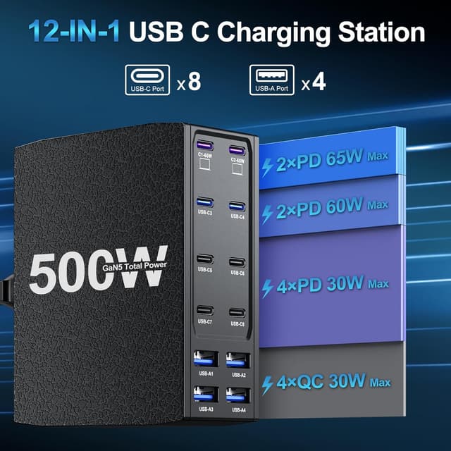 Detalle 2 de USB C Charger Block 500W, 12-Port Station 🔌