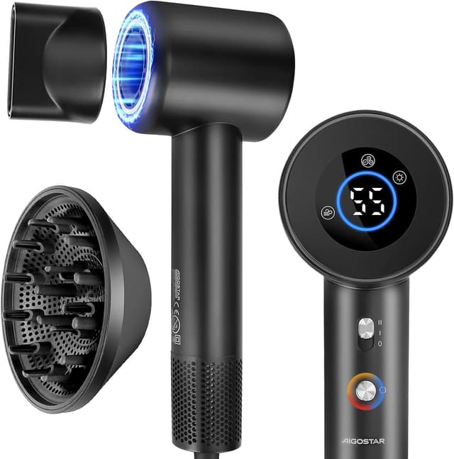 Detalle de Aigostar Sèche-cheveux ionique de voyage avec diffuseur magnétique — 400 millions d’ions négatifs, moteur BLDC 110 000 tr/min, 57 dB (390 g) Noir