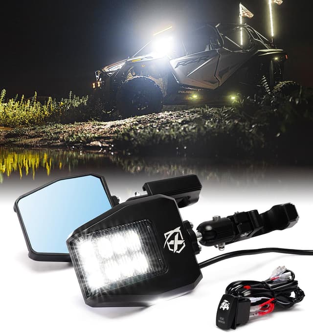 Detalle de Xprite UTV LED Side & Rear View Mirrors with Puddle Lights (Aluminum) for 1.75–2 Inch Roll Cage Bars